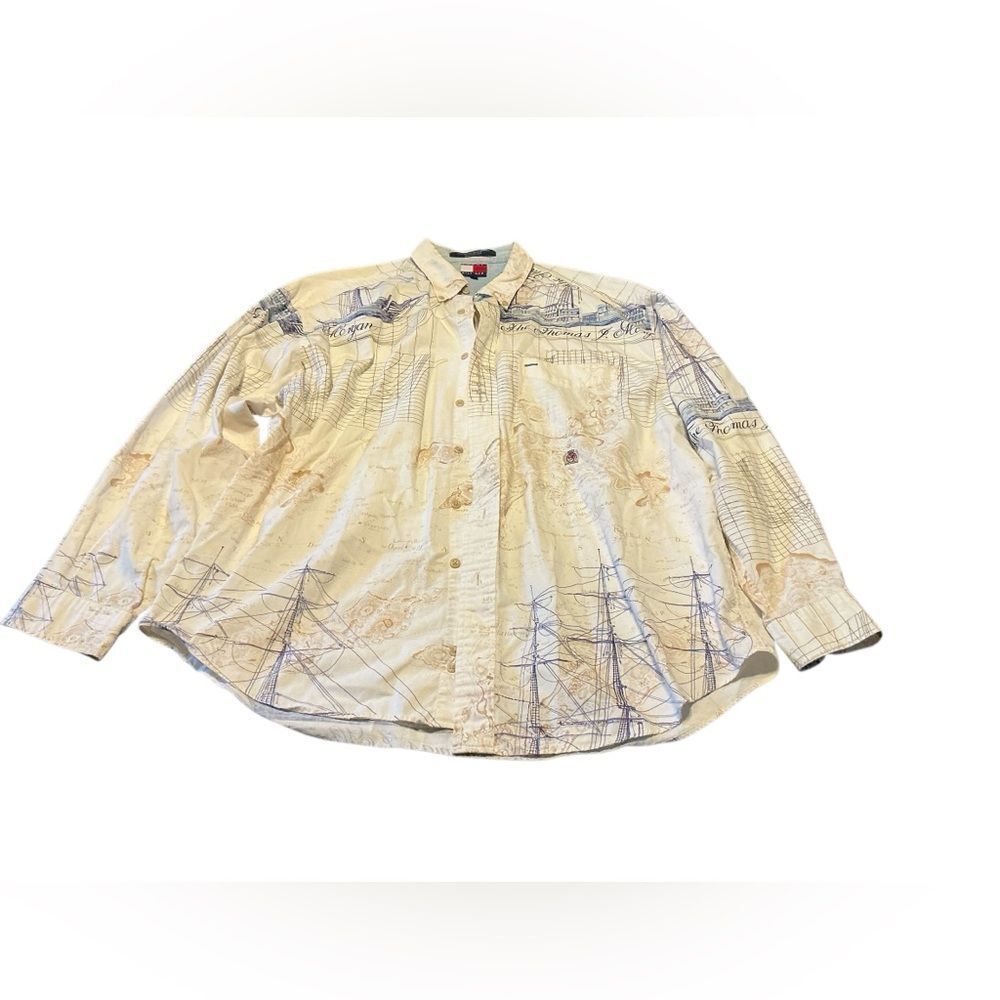 Cream and Blue Graphic Button-Up Shirt